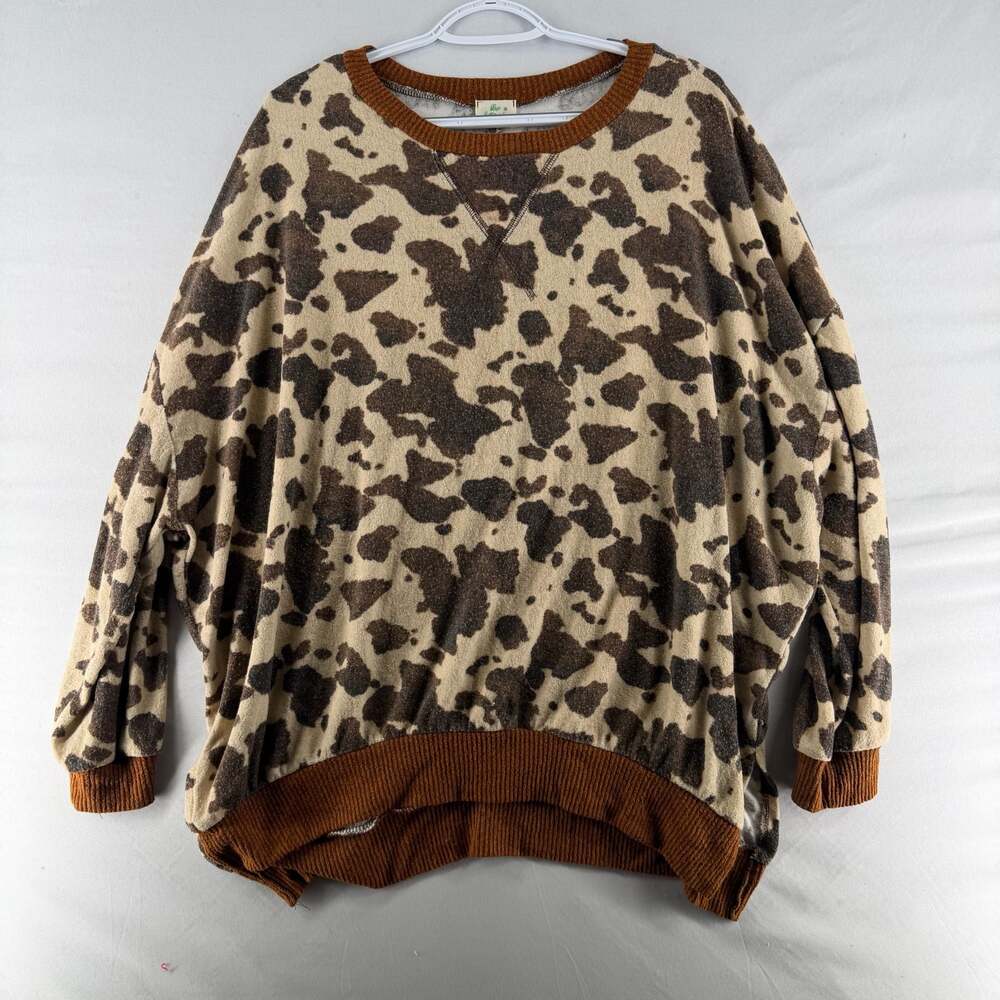 1056 Women’s Large Blue Buttercup Brown Animal Print Knit Sweater